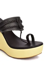 Cream and Black Vegan Leather Kolhapuri Wedges image 5