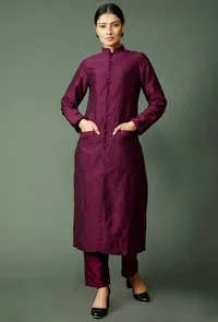 Set Of 2: Wine Raw Silk Achkan And Pants image 1