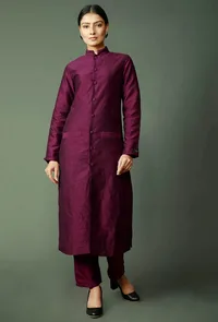 Set Of 2: Wine Raw Silk Achkan And Pants image 2