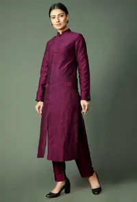 Set Of 2: Wine Raw Silk Achkan And Pants image 3