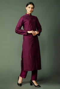 Set Of 2: Wine Raw Silk Achkan And Pants image 4