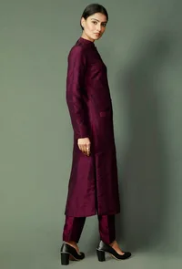 Set Of 2: Wine Raw Silk Achkan And Pants image 5