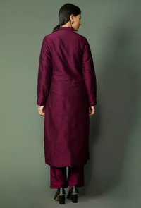Set Of 2: Wine Raw Silk Achkan And Pants image 6