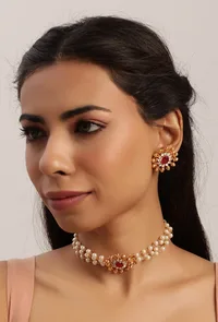 Ethnic Choker Set With Oval Shape Moti Mala And Pair Of Antique Gold Tops image 1