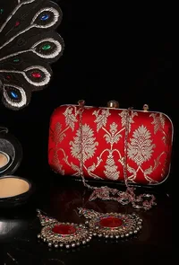 Tomato Red Brocade Box Clutchwith Sling (8 X 2 X 4.5) image 1