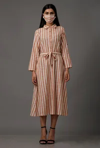 Orange and White Stripes Pure Woven Cotton Dress image 1