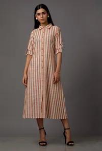 Orange and White Stripes Pure Woven Cotton Dress image 2