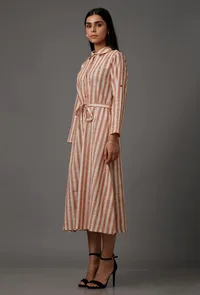 Orange and White Stripes Pure Woven Cotton Dress image 3