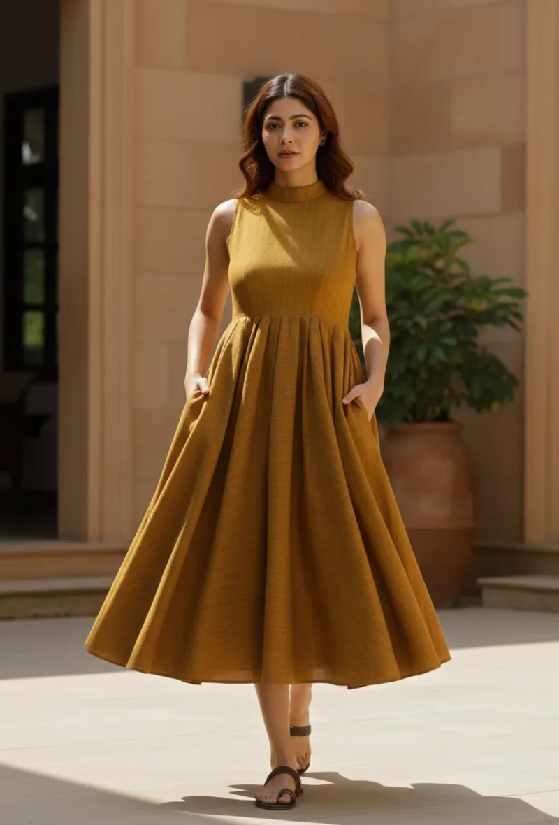Mustard Yellow Khadi Cotton Flared Halter Neck Sleeveless Dress