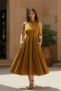 Mustard Yellow Khadi Cotton Flared Halter Neck Sleeveless Dress image 1