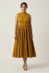 Mustard Yellow Khadi Cotton Flared Halter Neck Sleeveless Dress image 2