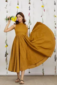 Mustard Yellow Khadi Cotton Flared Halter Neck Sleeveless Dress image 3