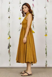 Mustard Yellow Khadi Cotton Flared Halter Neck Sleeveless Dress image 5
