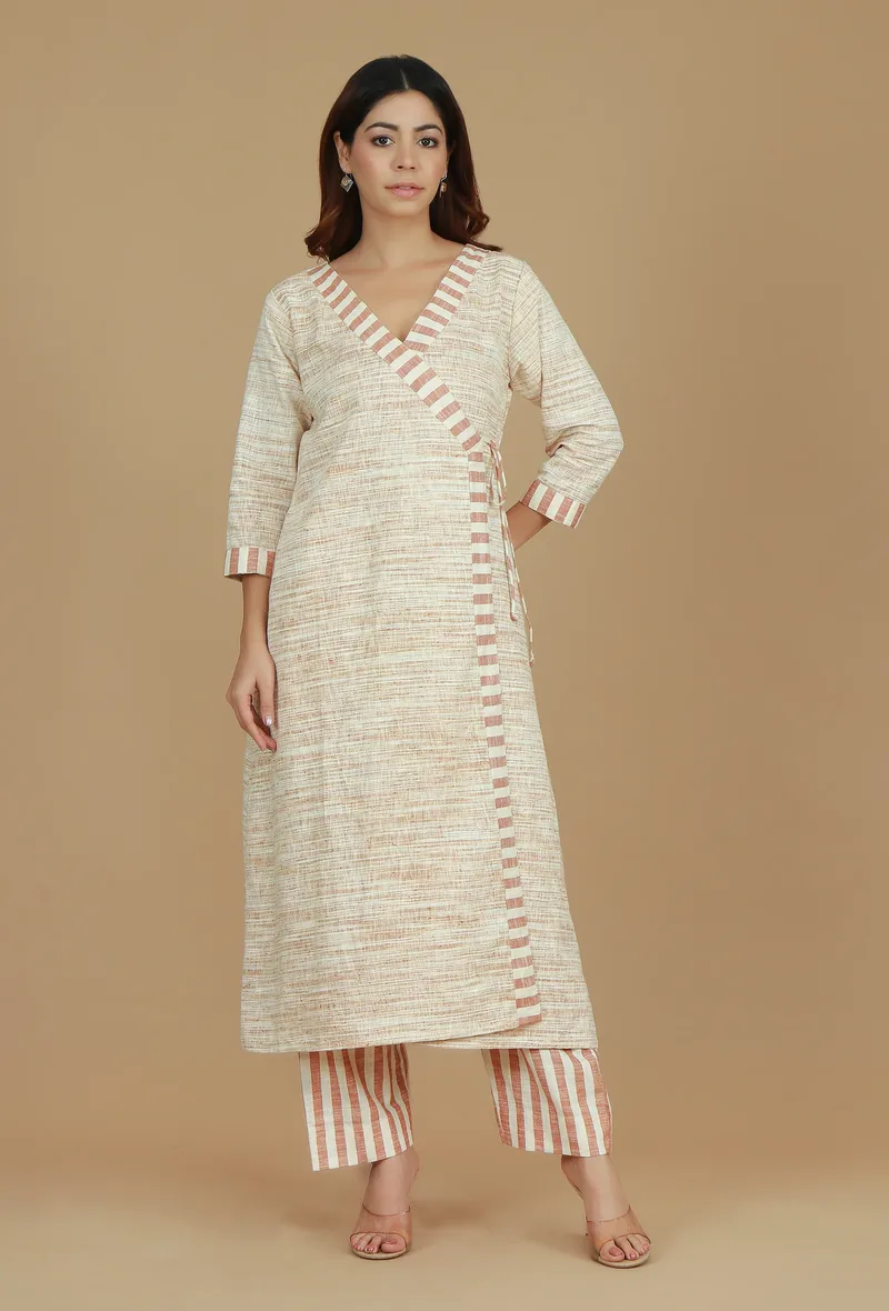 Set of 2 Beige Khadi Wrap Kurta with Striped Cotton Viscose Pants