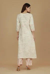 Set of 2 Beige Khadi Wrap Kurta with Striped Cotton Viscose Pants image 3