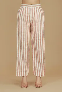 Set of 2 Beige Khadi Wrap Kurta with Striped Cotton Viscose Pants image 4