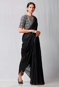 Set of 2: Black Plain Saree and Black Handblock Printed Blouse image 1
