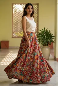 Red Kalamkari Cotton Skirt image 1