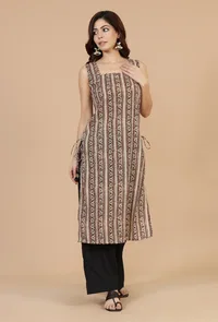 Baagh Printed Straight Cotton Kurta with Side Tie-Ups - Black & Beige image 1