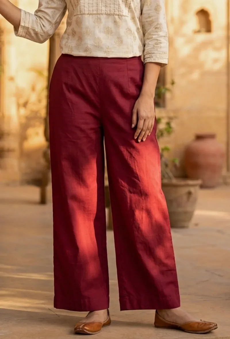 Maroon Straight Cotton Pants
