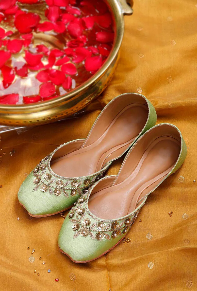 Mint Green Embroidered Silk Juttis