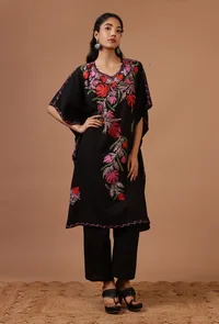 Black Cotton Crush Ari Embroidered Kaftan- Free Size image 2