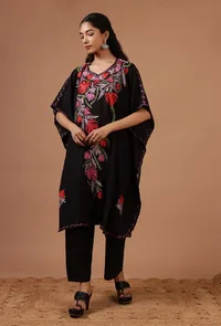 Black Cotton Crush Ari Embroidered Kaftan- Free Size image 3