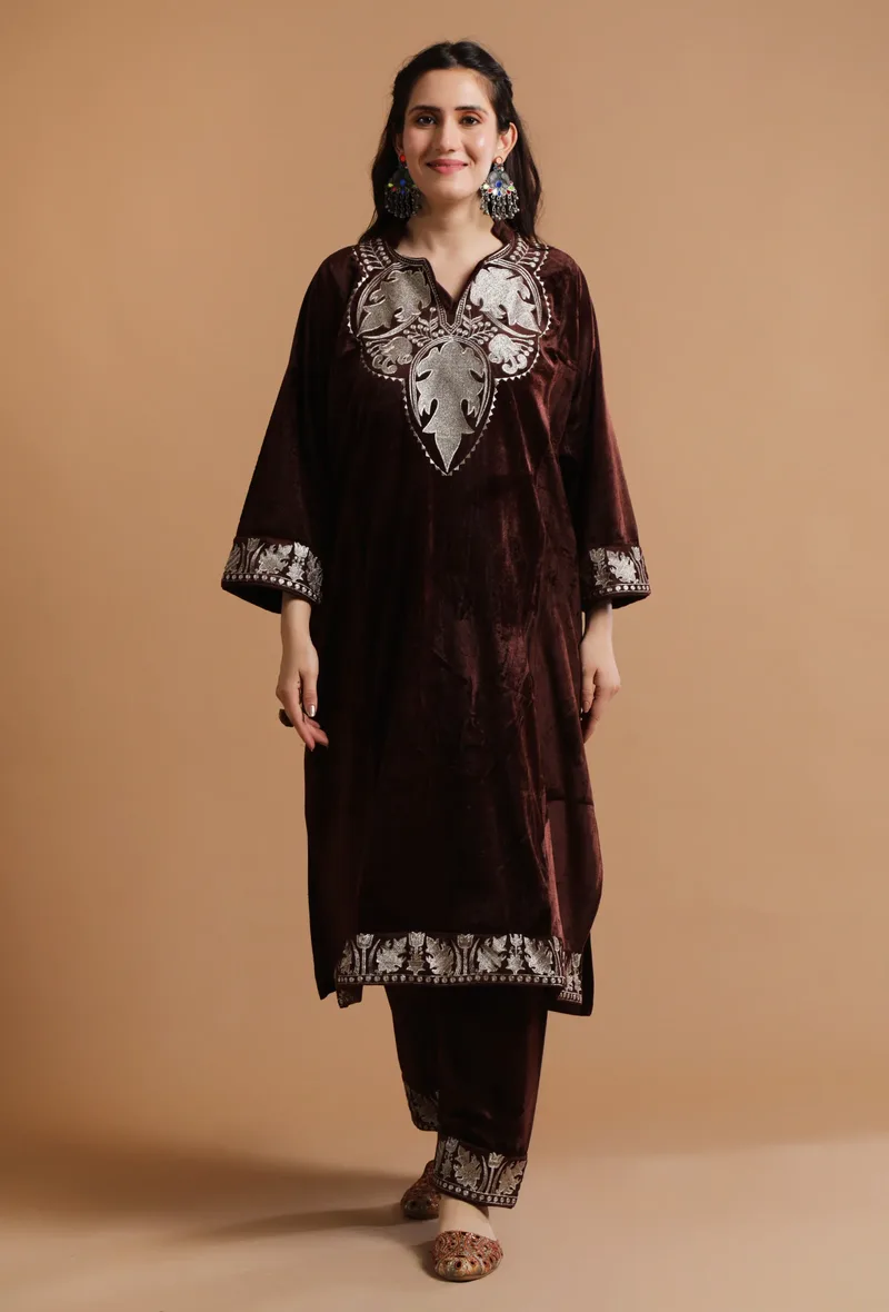 Set Of 2: Congo Brown Kashmiri Tilla Embroidery Phiran With Pant-Free Size