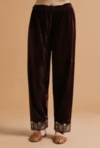 Set Of 2: Congo Brown Kashmiri Tilla Embroidery Phiran With Pant-Free Size image 5