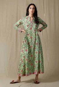 Hand Printed Green Cotton Dress image 1