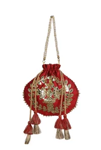 Radiant Red Gota Patti Silk Potli image 3