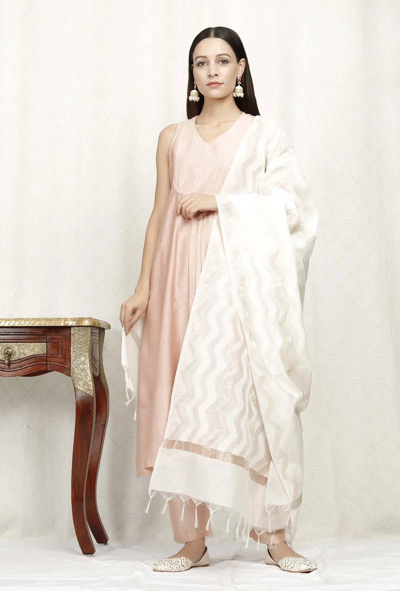 Off White Zari Woven Chanderi Dupatta