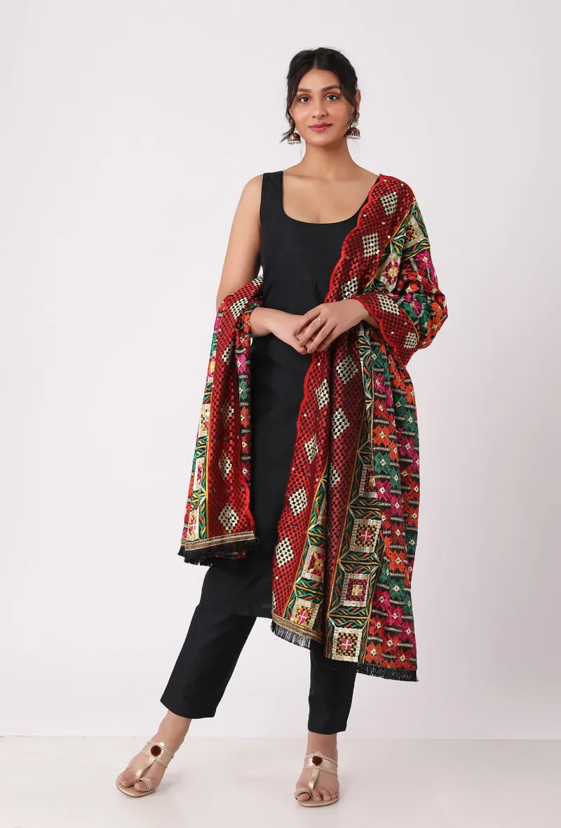 Deep red  allover embriodred phoolkari dupatta