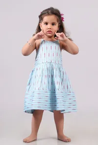 Sky Blue Tie Up Ikat Flared Dress image 1