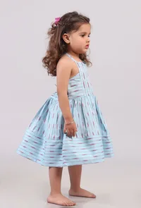 Sky Blue Tie Up Ikat Flared Dress image 2