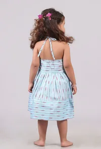 Sky Blue Tie Up Ikat Flared Dress image 4