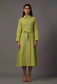 Green A-Line Shirt Pure Woven Cotton Dress with Complimentary Matching Mask image 1