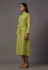 Green A-Line Shirt Pure Woven Cotton Dress with Complimentary Matching Mask image 2