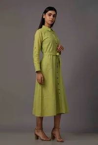 Green A-Line Shirt Pure Woven Cotton Dress with Complimentary Matching Mask image 3