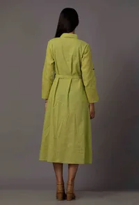 Green A-Line Shirt Pure Woven Cotton Dress with Complimentary Matching Mask image 4