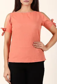 Light Coral Cold Shoulder Cotton Top image 2