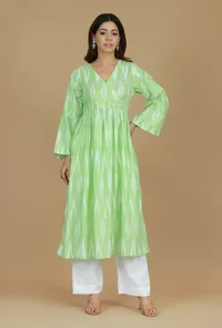 Set of 2 Light Green Ikat Flared Kurta with Solid White Pants image 1