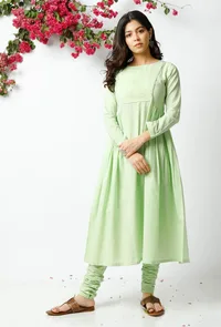 Set of 2: The Cheeky Light Green Cotton Kurta Matched with Light Green Cotton Chooridar image 1