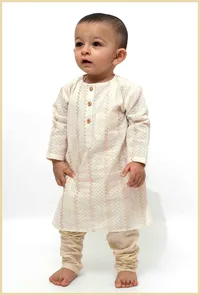 Set of 2 - Gold Zig-Zag Malmal Kurta Pyjama image 1