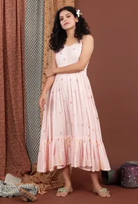 Parisha Light Pink Floral Hand Block Printed Mulmul Dress image 1