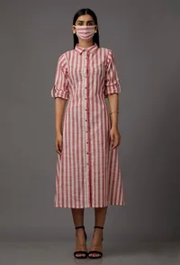 Red and White Stripes Pure Woven Cotton Dress image 1
