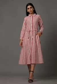 Red and White Stripes Pure Woven Cotton Dress image 2