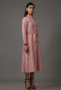 Red and White Stripes Pure Woven Cotton Dress image 4