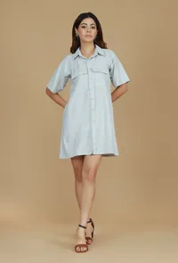 Grey Striped Woven Cotton Shirt Dress image 1