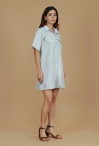 Grey Striped Woven Cotton Shirt Dress image 2